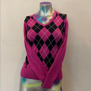 Tommy Hilfiger Pink and Black Argyle V-Neck Sweater